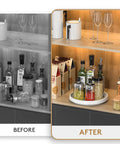 Before and after using Lazy Susan Turntable Organizer 10 Inch 360 Degree Rotating Tray with spices in kitchen cabinet