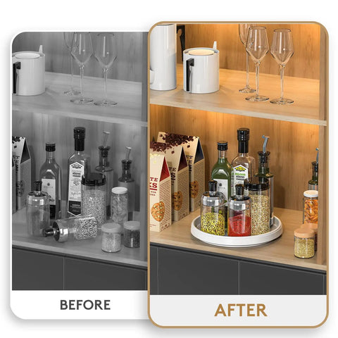 Before and after using Lazy Susan Turntable Organizer 10 Inch 360 Degree Rotating Tray with spices in kitchen cabinet