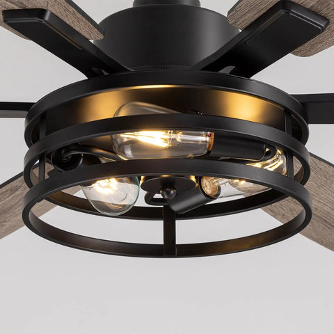 Closeup of light bulbs in black cage of 60 Inch Ceiling Fan With Lights And Remote For Indoors And Outdoors In Black Caged Farmhouse Style Perfect For Bedroom Living Room And Patio Reversible DC Motor With Six Speeds And Energy Saving