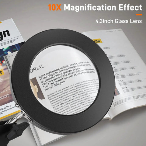 10X Magnifying LED Lamp With Optical Glass Lens 4.3 Inch Clamp On Craft Light highlighting text on an open magazine