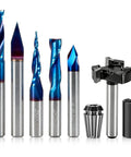 Go-To Quarter Inch Shank CNC Router Bit Kit with ER16 collet, V bit, end mills, chamfering bit, surface bit, nano blue titanium coat