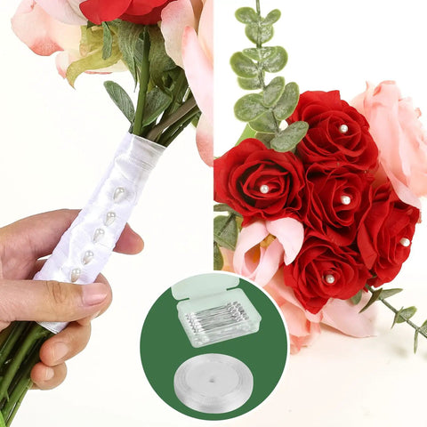 DIY Floral Arrangement Kit With Green Floral Tape And Wire For Boutonniere And Bouquet; satin-wrapped bouquet with corsage pins