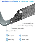 Rad Ride Carbon Fiber License Plate Frames 2 Pack Deep Glossy Black Aluminum Car Tag Holder Cover With Heavy Duty Steel Bolts And Slick Universal Fit close-up of carbon fiber design and aluminum frame features.