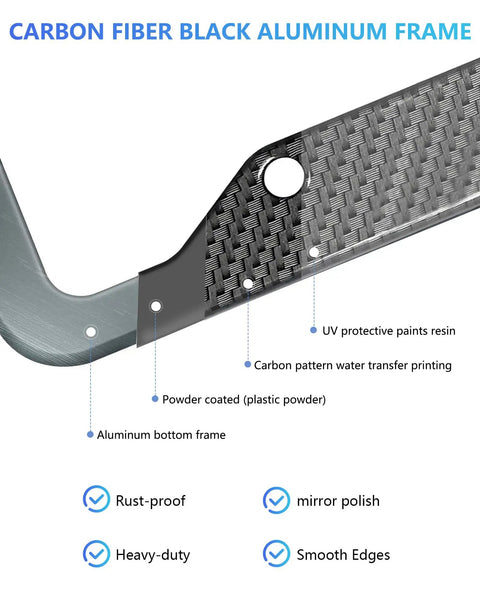 Rad Ride Carbon Fiber License Plate Frames 2 Pack Deep Glossy Black Aluminum Car Tag Holder Cover With Heavy Duty Steel Bolts And Slick Universal Fit close-up of carbon fiber design and aluminum frame features.