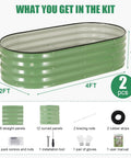 Galvanized Raised Garden Bed Kit 2 Pack 4x2x1 ft Oval Planter Boxes With Rubber Strip shown with kit contents and measurements