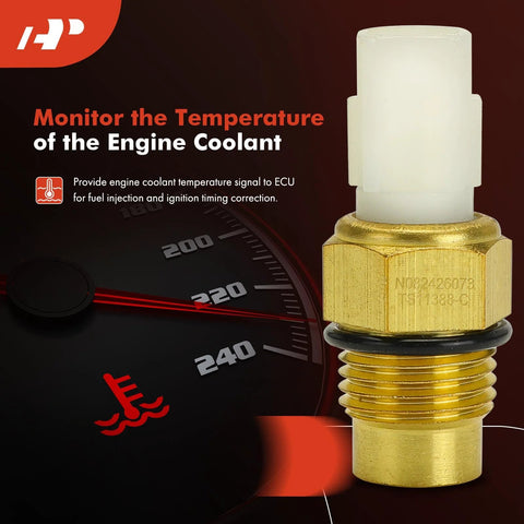Front view of A-Premium 1-pin engine coolant temperature sensor with brass threaded body and white plastic plug