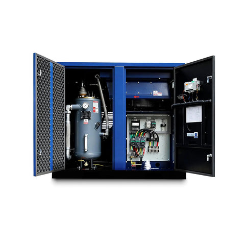 Heavy Duty 50 HP Rotary Screw Air Compressor Pump With Massive 219 CFM Flow Rate And 125 PSI Max Pressure Runs On 460 Volt 3 Phase 60Hz Motor For Industrial Workshop Jobs That Need Serious Power