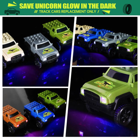 Glow In The Dark Track Cars 5 Pack with Three Flashing LED Lights car track accessories, multiple colors, close-up view.