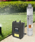 24V Deep Well Submersible Pump 210W With 3 Inch Solar Kit And MPPT Controller on lawn with display panel