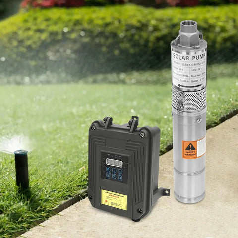 24V Deep Well Submersible Pump 210W With 3 Inch Solar Kit And MPPT Controller on lawn with display panel