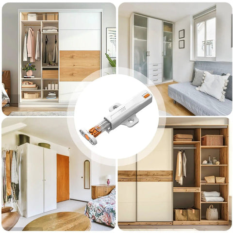 Beefy Push to Open Cabinet Latches for Doors and Drawers, Non Magnetic RV and Home Kitchen Storage, shown with wardrobes