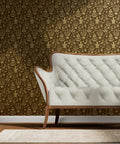 Top Tier Brown Floral Wallpaper With Shimmering Metallic Gold Foil Texture Easy Apply Ready To Hang behind a stylish sofa.