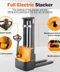 Straight Up Heavy Duty Full Electric Walkie Pallet Stacker With 118 Inch Lift And 2640 Lbs Capacity controls and features overview