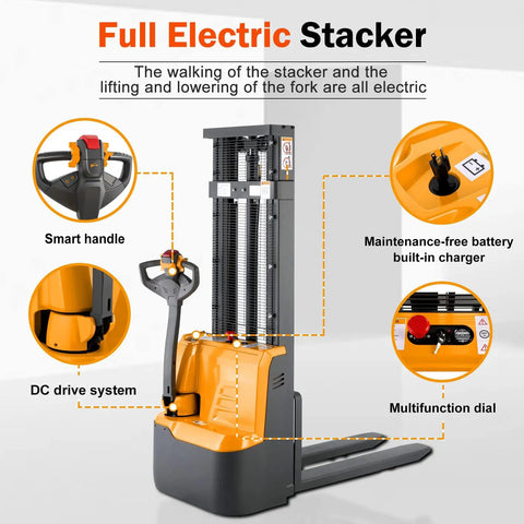 Straight Up Heavy Duty Full Electric Walkie Pallet Stacker With 118 Inch Lift And 2640 Lbs Capacity controls and features overview
