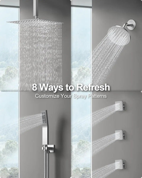 GRANDJOY 12" Ceiling Shower System with Handheld Spray, Brushed Nickel showing rainfall head and handheld shower.