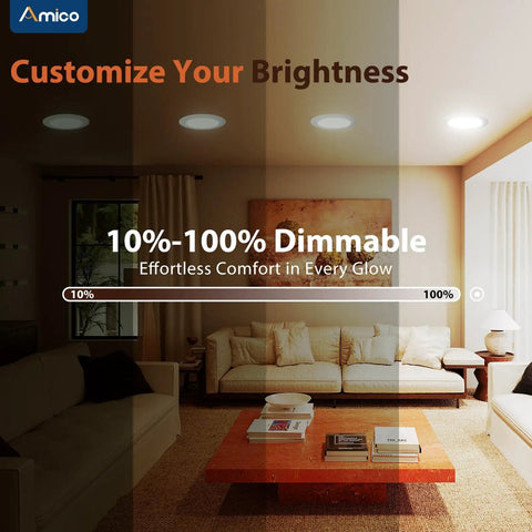 Living room with 4 Inch LED Recessed Can Lights 12 Pack Dimmable Damp Rated 650 Lumen Each With Baffle Trim And Selectable Color Temperature