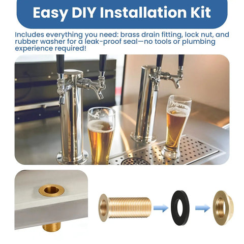 Heavy Duty Brass Drip Tray Drain Assembly With Self Draining Kit And Half Inch Outlet Dead Simple Mount, DIY installation kit with brass drain fitting and rubber washer.