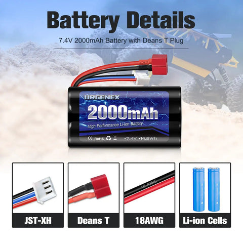 2S 7.4V 2000mAh Li Ion RC Battery With Dean Style T Plug For WLtoys 4WD High Speed RC Cars, detailed components displayed.
