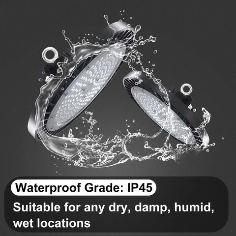 200W High Bay LED Light 22000LM 6500K Daylight waterproof design with water splashes, IP45 rating, suitable for wet locations