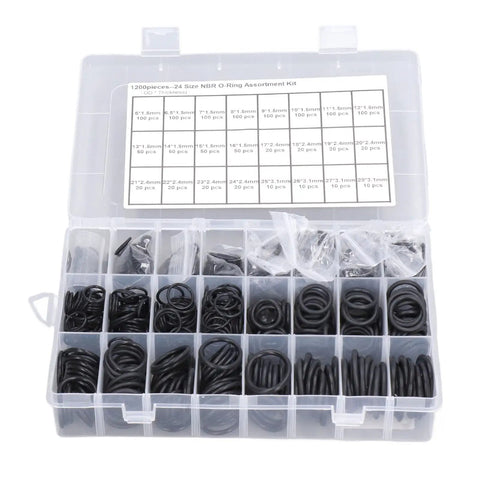 1200 Piece Nitrile Rubber O Ring Sealing Gasket Kit With 24 Common Sizes Black O Rings In A Handy Storage Box Open View