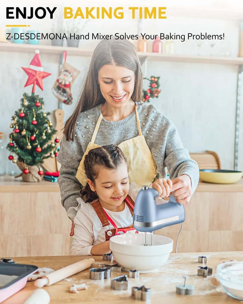 No Drama Electric Hand Mixer Featuring Five Speed Settings And Turbo Boost being used by a mother and daughter, mixing ingredients in a bowl.