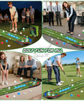 Kids Golf Putting Mat 7.8 Ft With LED Light Up Holes Glowing Balls Two Clubs Indoor Outdoor Toy Golf Game Set displayed in use by children and adults indoors and outdoors.