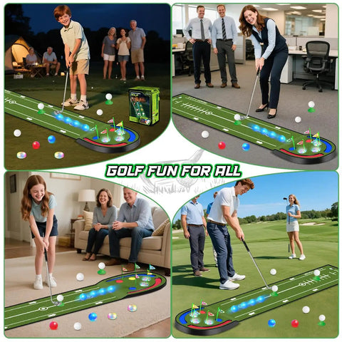 Kids Golf Putting Mat 7.8 Ft With LED Light Up Holes Glowing Balls Two Clubs Indoor Outdoor Toy Golf Game Set displayed in use by children and adults indoors and outdoors.