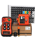Q400 4 Button Industrial Wireless Remote Control For Hoist Crane With 100M Range And IP65 Weatherproof Rugged Design shown with receiver and accessories.