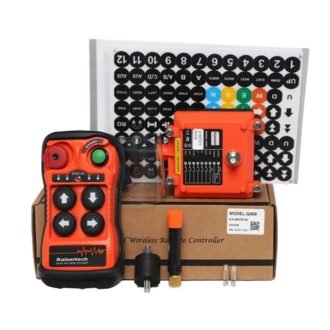 Q400 4 Button Industrial Wireless Remote Control For Hoist Crane With 100M Range And IP65 Weatherproof Rugged Design shown with receiver and accessories.