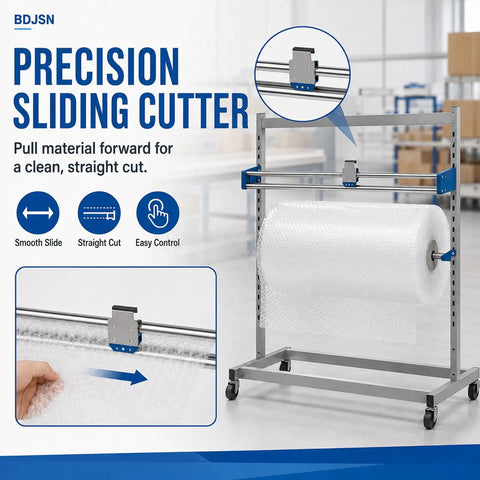 Rock Solid Industrial Packaging Roll Stand With No Hassle Slide Cutter and Easy Roll Casters for efficient bubble wrapping.
