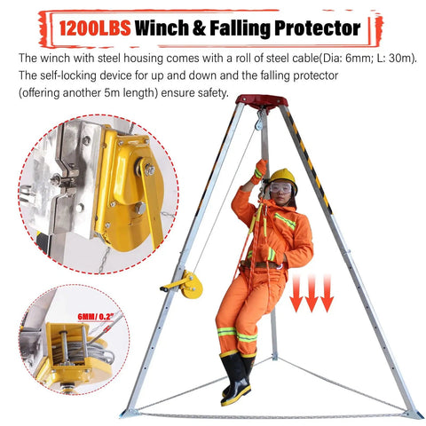 Hella Sturdy Three Point Confined Space Rescue Tripod Kit Built Tough As Nails For Wells Tunnels And Manholes Packs Heavy Duty Aluminum Stand 1200 Lb Capacity And 98 Ft Winch Cable