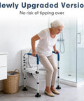 Elderly woman using Heavy Duty Toilet Safety Rail With Reinforced Wheel Support Frame And Anti Slip Locking Feet in bathroom.