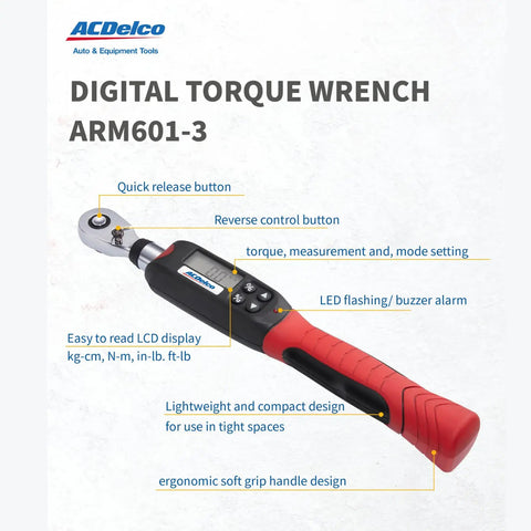 Digital Torque Wrench With LED Alarm And Buzzer, 2 To 37 Foot Pounds Range, Three Eighths Inch Drive, LCD Display With Readouts In Nm And In Lb