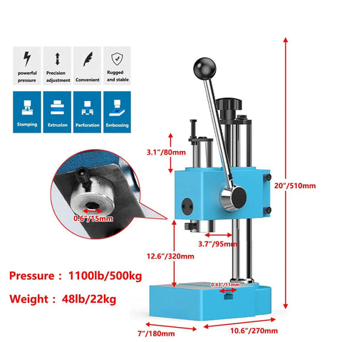 Heavy Duty Benchtop Arbor Press With Automatic Retractable Handle And 1100 Lb Manual Forming Capacity, solid cast iron, 20" height.