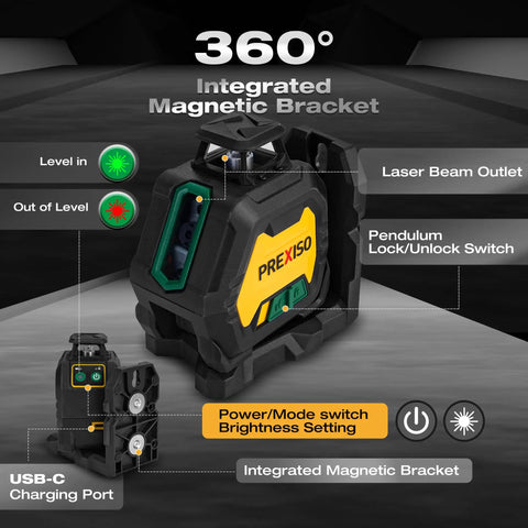 Pro Grade 360 Degree Laser Level With Tripod Plumb Dots And Cross Line Self Leveling IP54 Rechargeable Three Brightness Settings