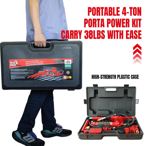 Big Red 4 Ton Porta Power Auto Body Repair Kit, portable 17 piece hydraulic set in high-strength plastic case, easy to carry.