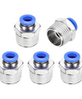 Five Pack Push To Connect Fittings For 0.31 Inch Tubing 1/2 In NPT Brass Pneumatic Male Adapters Nickel Plated Blue Quick Connect