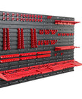 Heavy Duty Wall Mount Pegboard Organizer For Garage And Workshop Featuring Tough Pp Parts Bins Slick Steel Hooks And Knockout Build That Slap Together In Minutes Flat with red organizational bins and hooks.