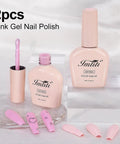 HEMA Free Gel Nail Polish Set With Milky Pink And Pastel Pink, Two 10ml bottles, UV LED Soak Off Kit displayed with sample swatches.