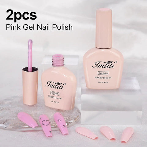 HEMA Free Gel Nail Polish Set With Milky Pink And Pastel Pink, Two 10ml bottles, UV LED Soak Off Kit displayed with sample swatches.