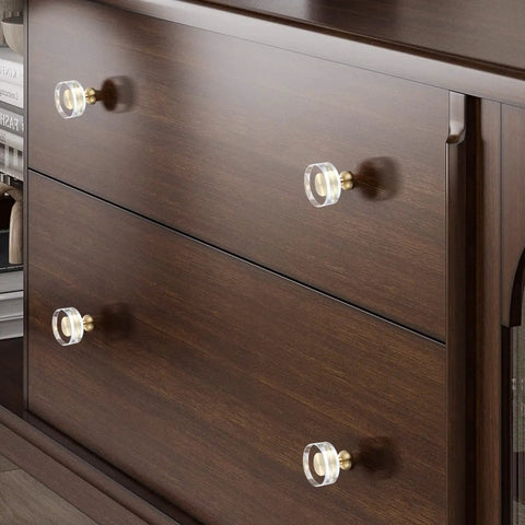 Six Pack One And A Quarter Inch White Glass Crystal Cabinet Knobs Gold Brushed Brass Round Drawer Pulls For Dresser Closet Kitchen Cabinets And Bifold Doors Hardware Sleek Swanky Finish on dark wood dresser
