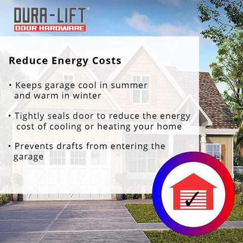 DURA-LIFT garage door rubber weather seal front view with energy-saving bullet list and logo.