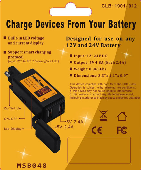 Motorcycle USB Charger With Dual USB Ports 4.8 Amp Output SAE To USB Adapter With Built In Voltmeter And Ammeter Quick Disconnect Plug On Off Power Switch Perfect For Charging Smartphones GPS Action Cameras On The Road