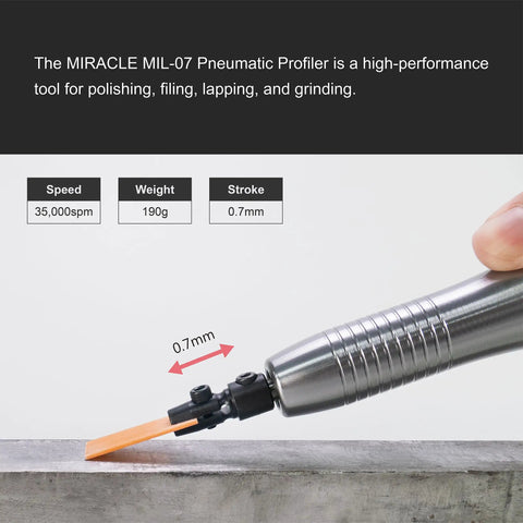 Close-up of Air Powered 0.7mm Stroke Reciprocating Profiler For Precision Polishing, Filing, Lapping And Deburring 35,000 SPM High Speed Micro Tool