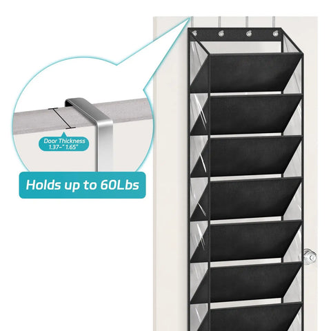 Over The Door Shoe Organizer With Deep Pockets Holds 20 Pairs Hanging Rack For Closet Door Tall 71 Inch Hanger Black, door thickness detail