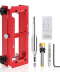 Front view of Aluminum Alloy Door Hinge Mortiser And Adjustable Jig For Hinge Installation From 2.5 Inch To 5 Inch In Length Supports Square Corner And Radius Hinges One Quarter Inch And Five Eighth Inch With Built In Depth Gauge For Precise Mortises, with accessories displayed