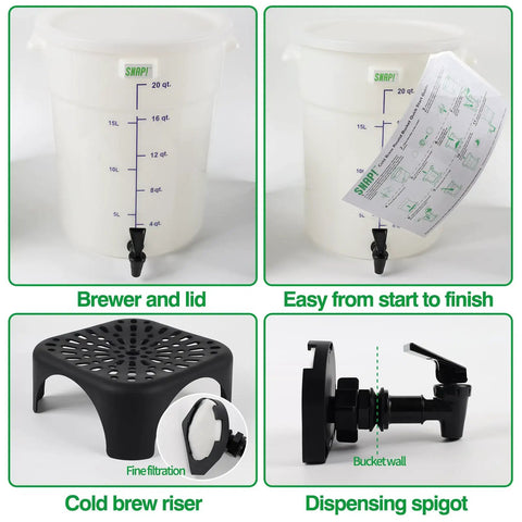 Five Gallon Round White Cold Brew Bucket System For Commercial Use With Drip Free Spigot And Recipe Guide Ideal For Home Office
