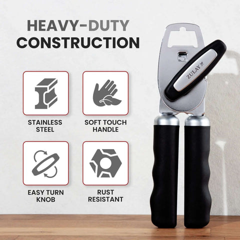 Comfy Manual Can Opener With Bottle Opener, Rust Proof Stainless Steel, Turn Knob, Soft Grip Handles, Durable Black Kitchen Tool