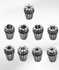 Nine Piece ER16 Spring Collet Set For CNC Milling Lathe Tools One Eighth To Three Eighths Inch Sizes displayed on white background
