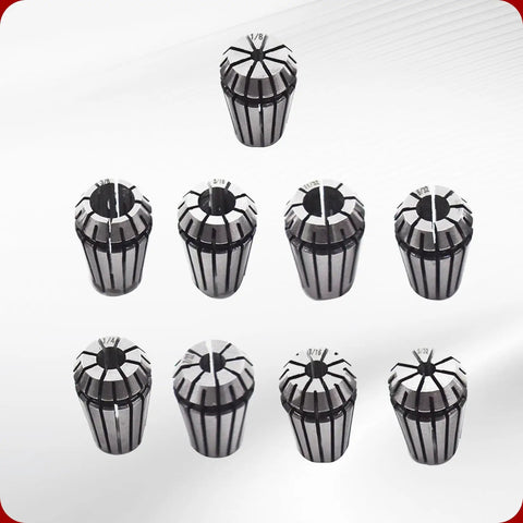 Nine Piece ER16 Spring Collet Set For CNC Milling Lathe Tools One Eighth To Three Eighths Inch Sizes displayed on white background